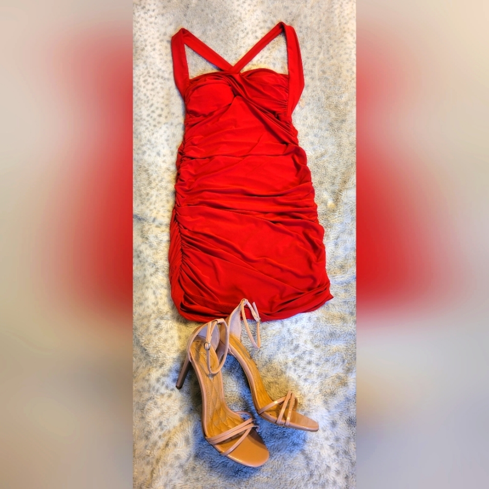 Red Sweetheart Twist Front Dress- 7-1/2 Nude Ankle Strap